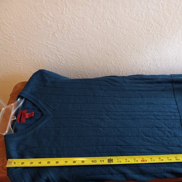 Dark Teal Merino Wool Blend V Neck Sweater 90s Minimalist Academia Classic - Picture 10 of 14